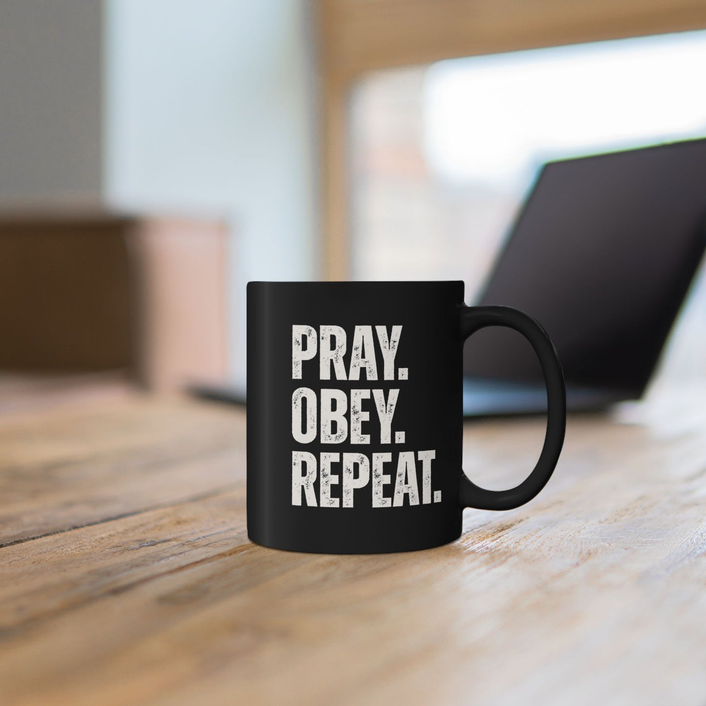 Pray. Obey. Repeat. Black Ceramic Mug | Inspirational Coffee Cup (11oz & 15oz)