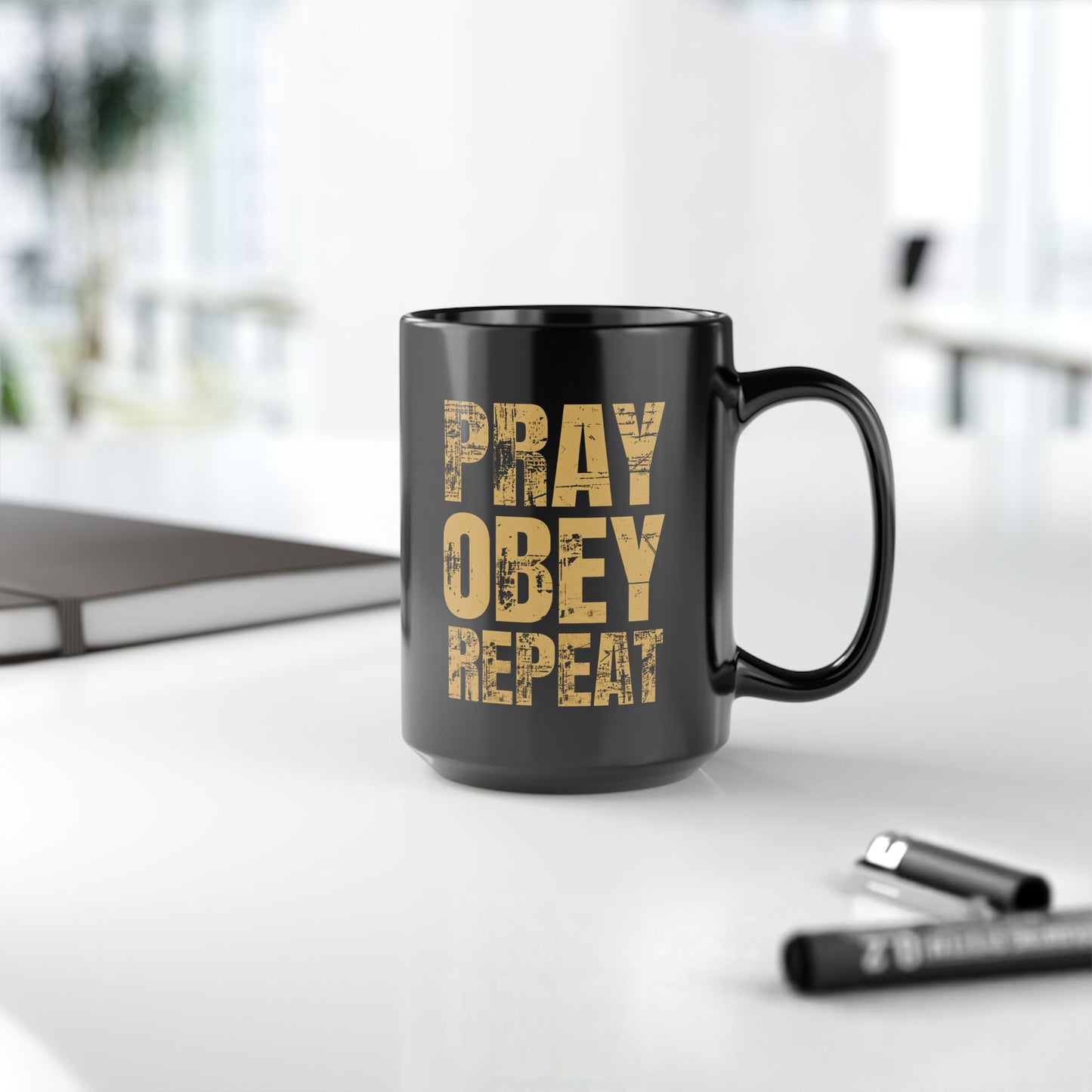 Inspirational Black Mug - "Pray Obey Repeat" - 11oz & 15oz