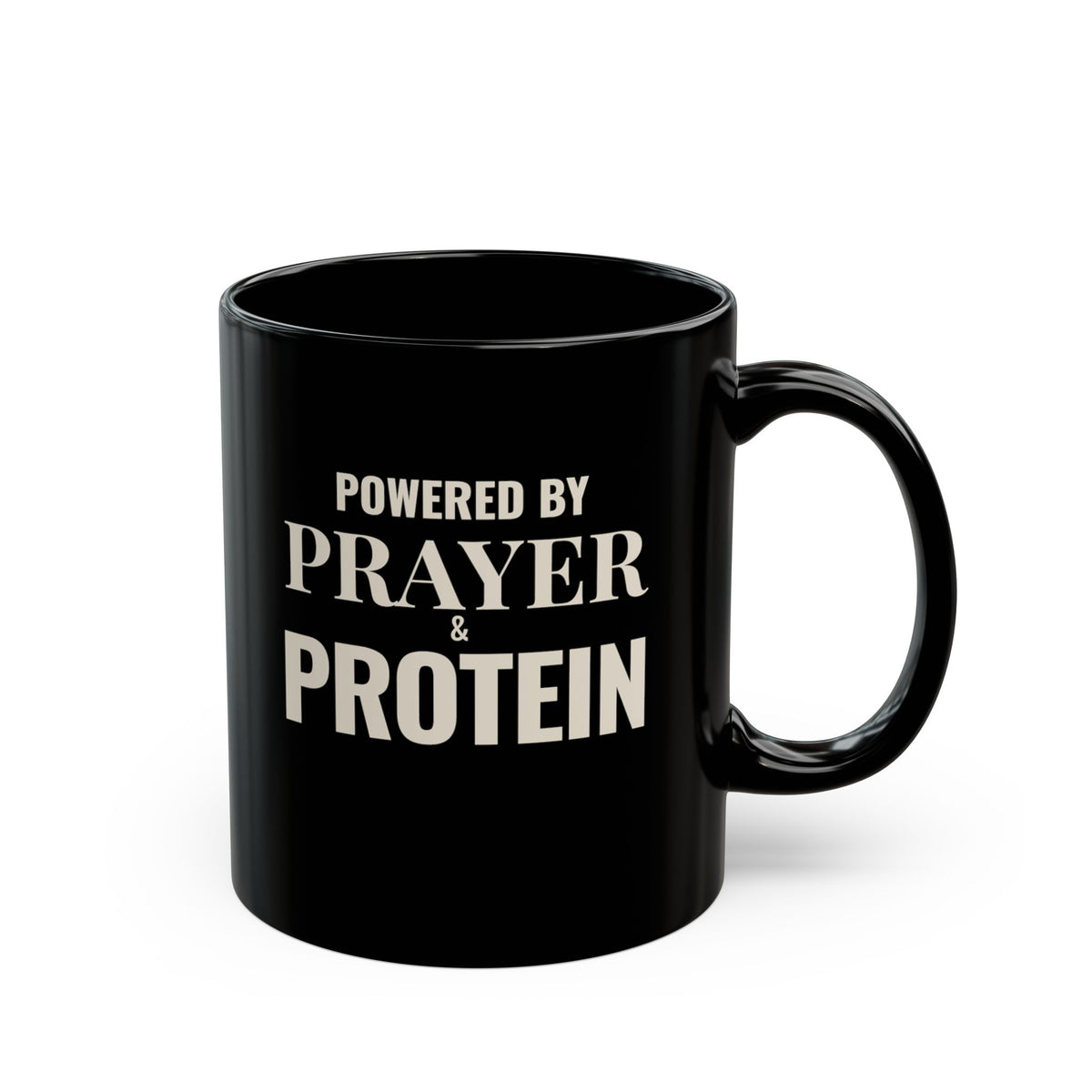 Powered by Prayer & Protein Black Mug | Inspirational Coffee Cup