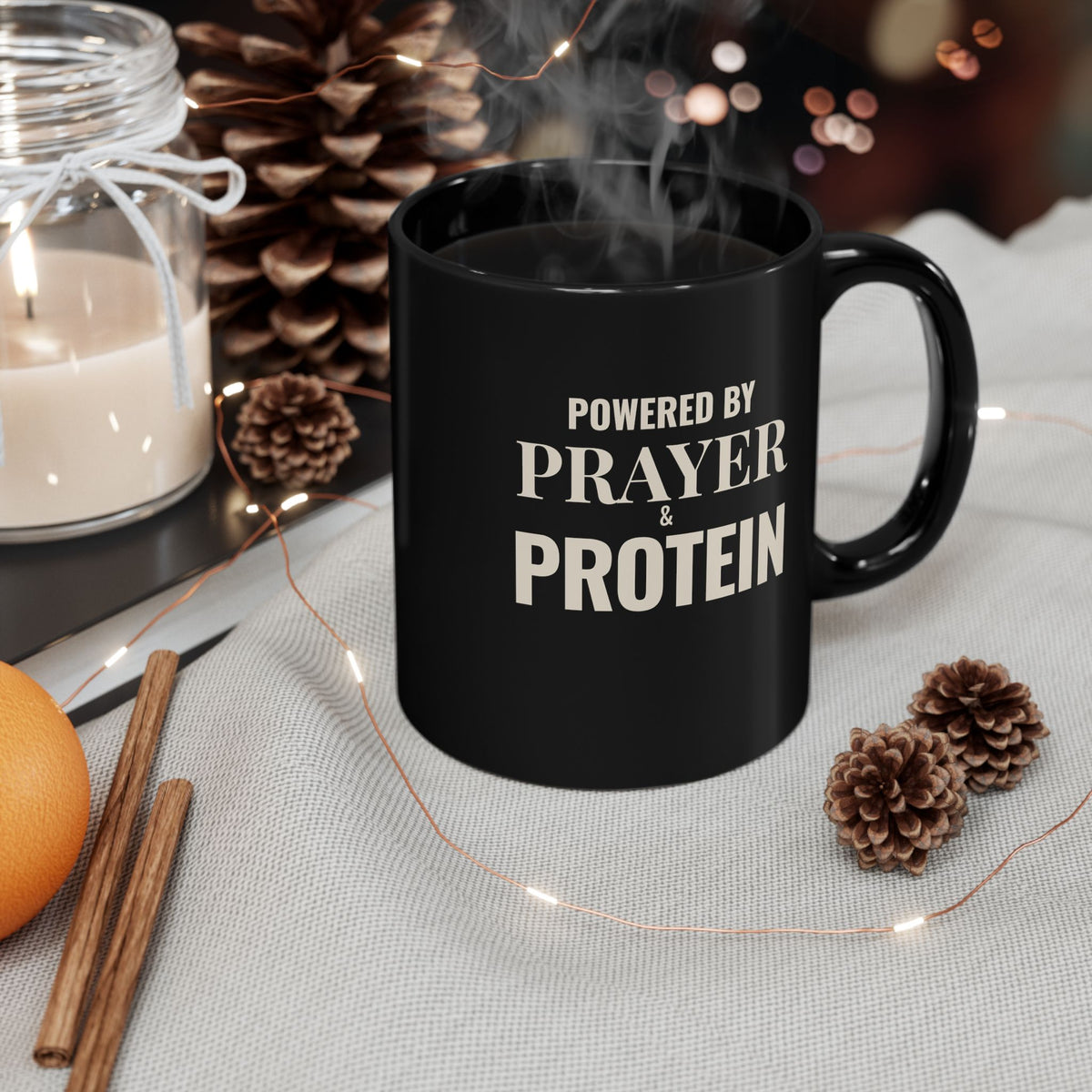Powered by Prayer & Protein Black Mug | Inspirational Coffee Cup