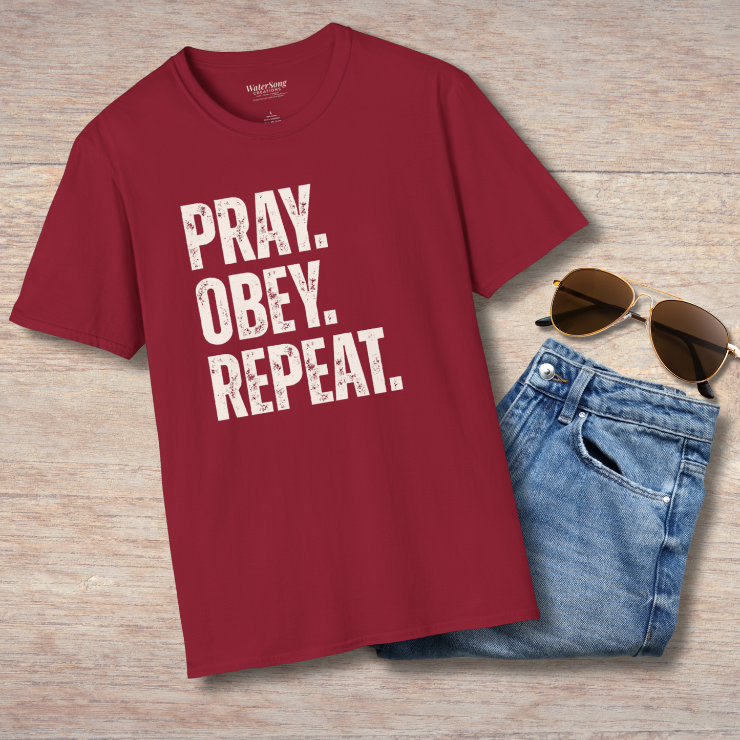 Pray. Obey. Repeat. Christian Faith T-Shirt | Bold Statement Jesus Tee