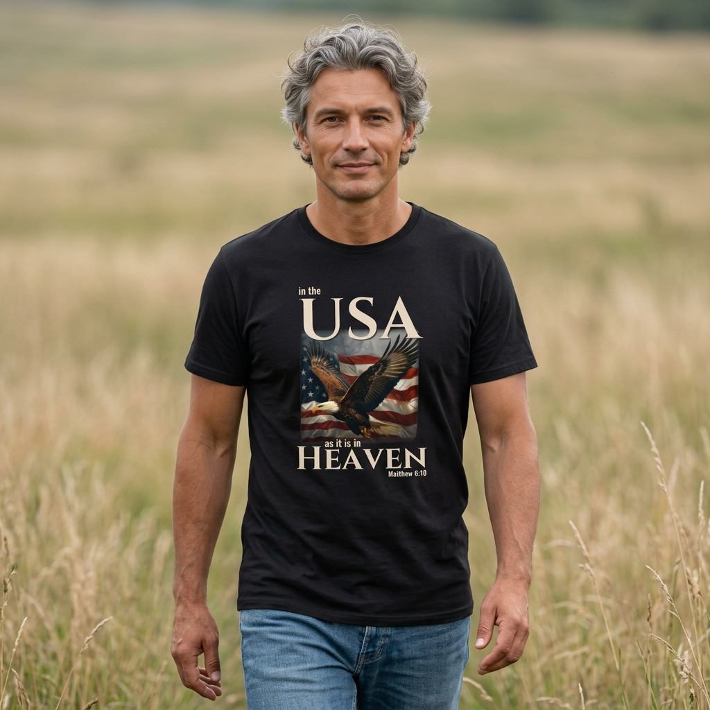 In the USA As It Is in Heaven Shirt | Patriotic Christian Eagle Flag Tee | Matthew 6:10 Faith & Freedom Shirt