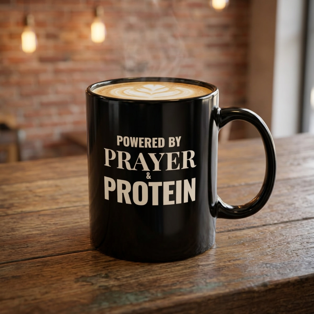 Powered by Prayer & Protein Black Mug | Inspirational Coffee Cup