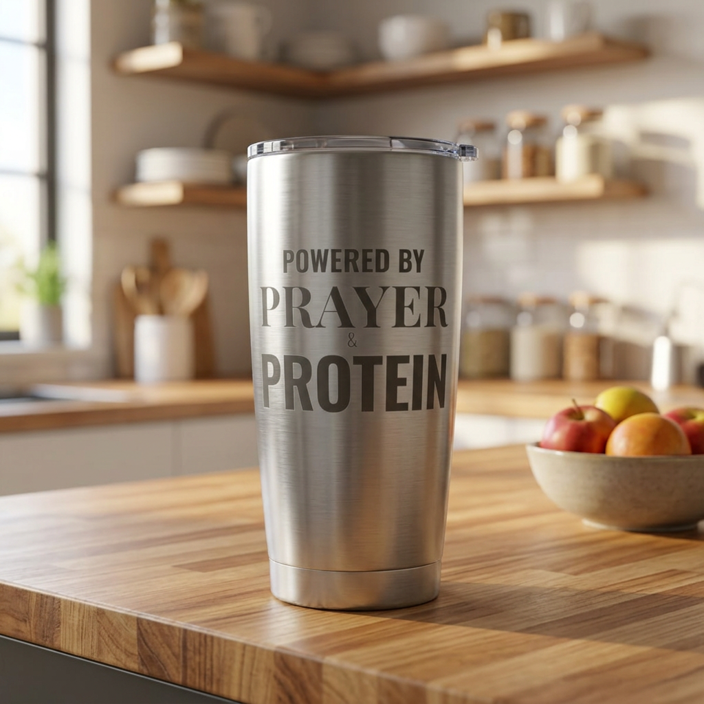 Powered by Prayer Protein 20oz Tumbler | Stainless Insulated Travel Cup