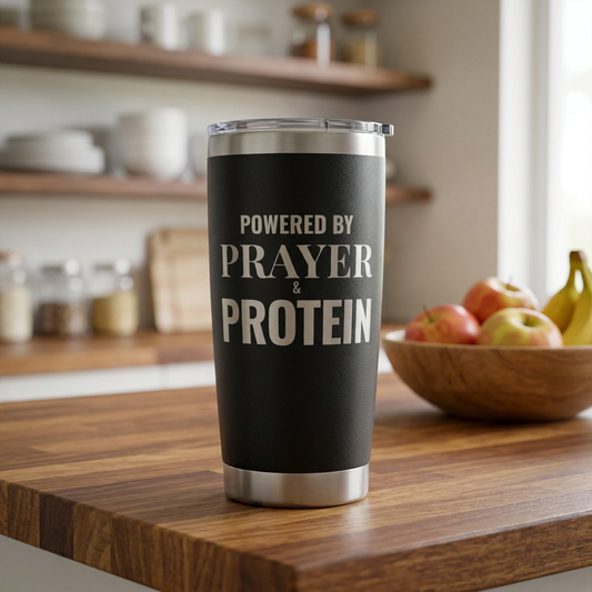 Powered by Prayer Protein 20oz Tumbler | Stainless Insulated Travel Cup
