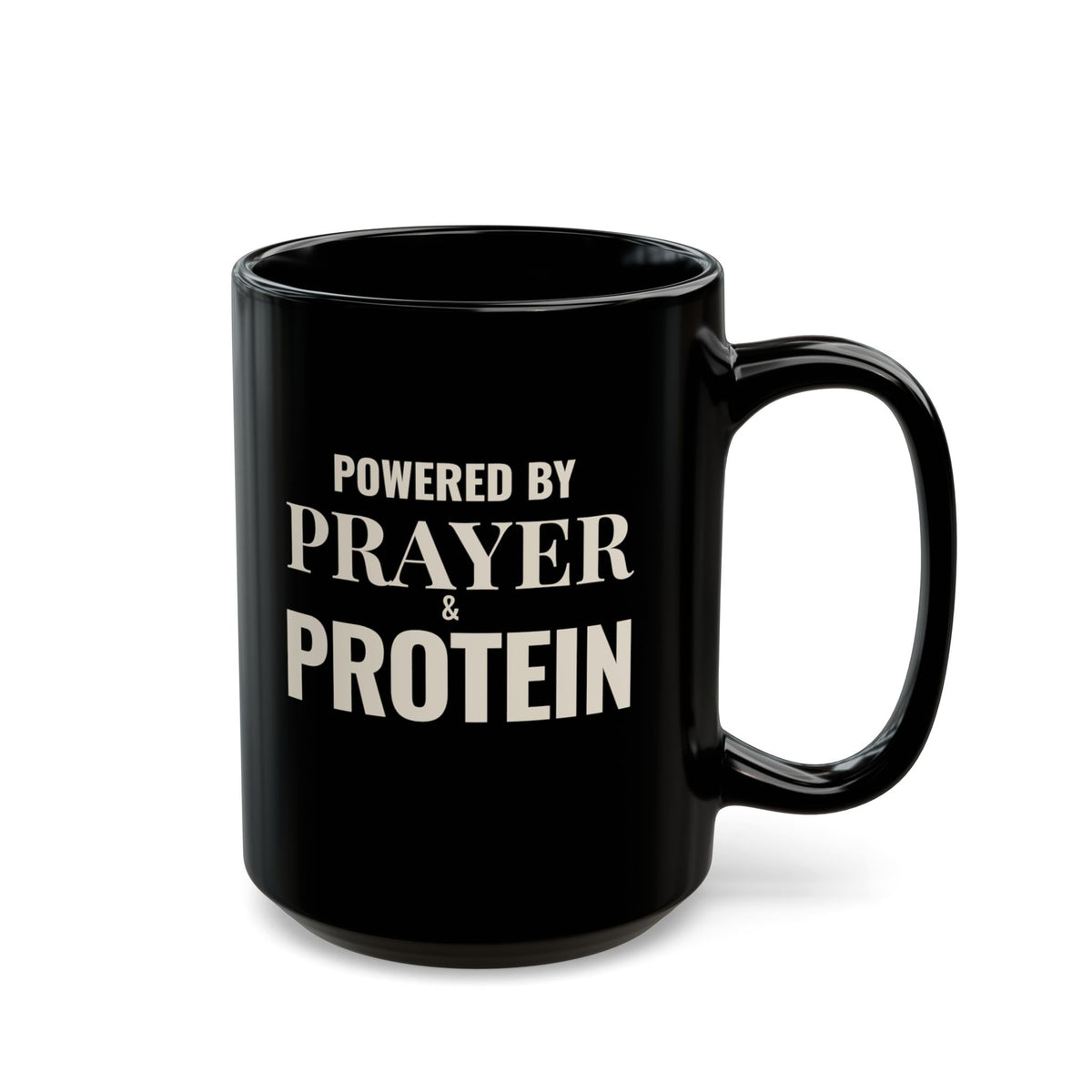Powered by Prayer & Protein Black Mug | Inspirational Coffee Cup