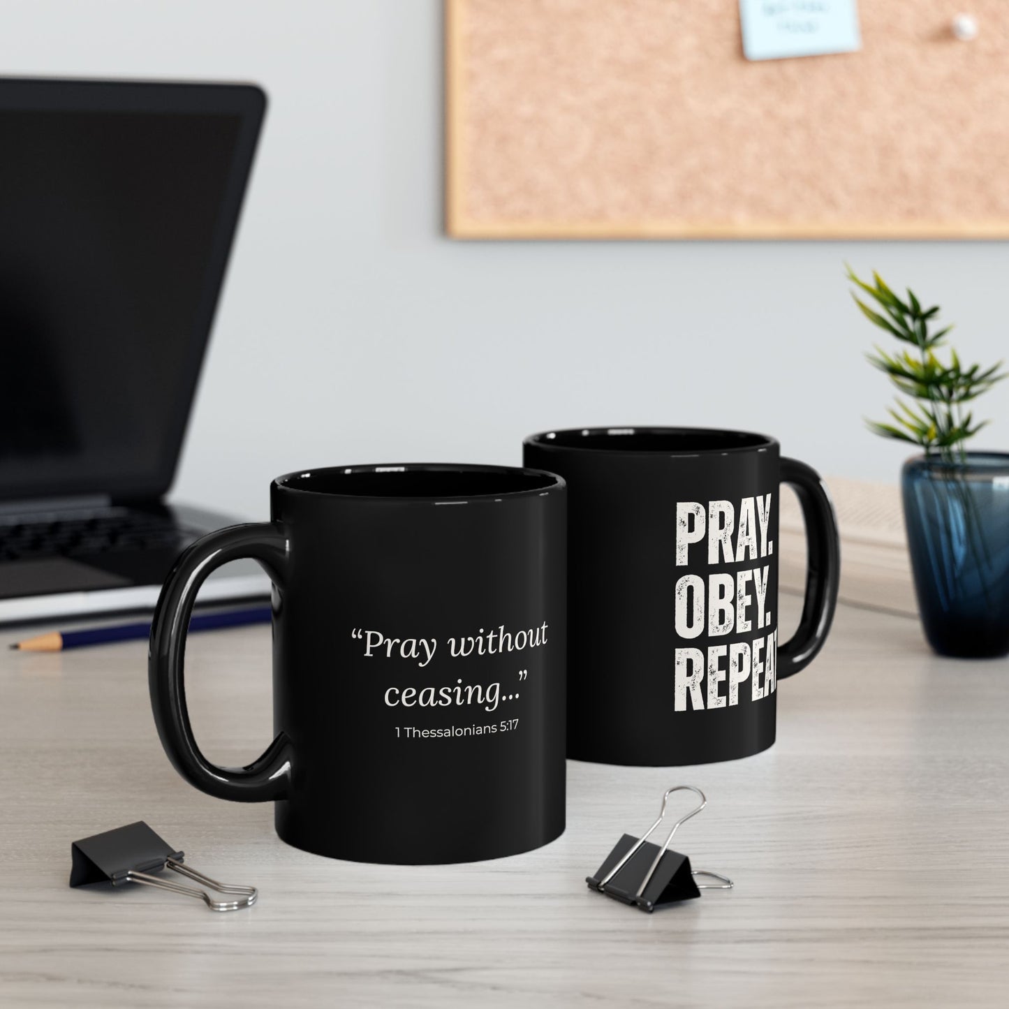 Pray. Obey. Repeat. Black Ceramic Mug |  Inspirational Coffee Cup (11oz & 15oz)