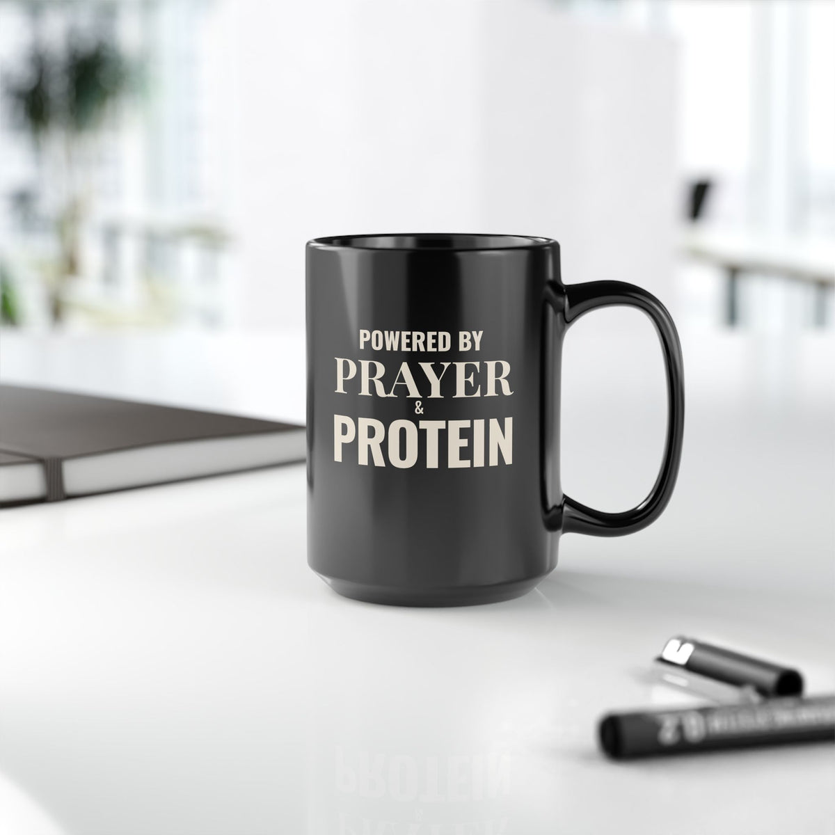 Powered by Prayer & Protein Black Mug | Inspirational Coffee Cup
