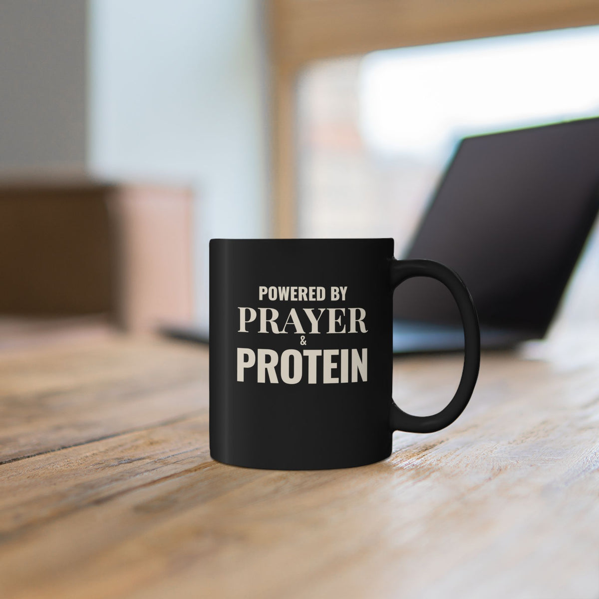 Powered by Prayer & Protein Black Mug | Inspirational Coffee Cup